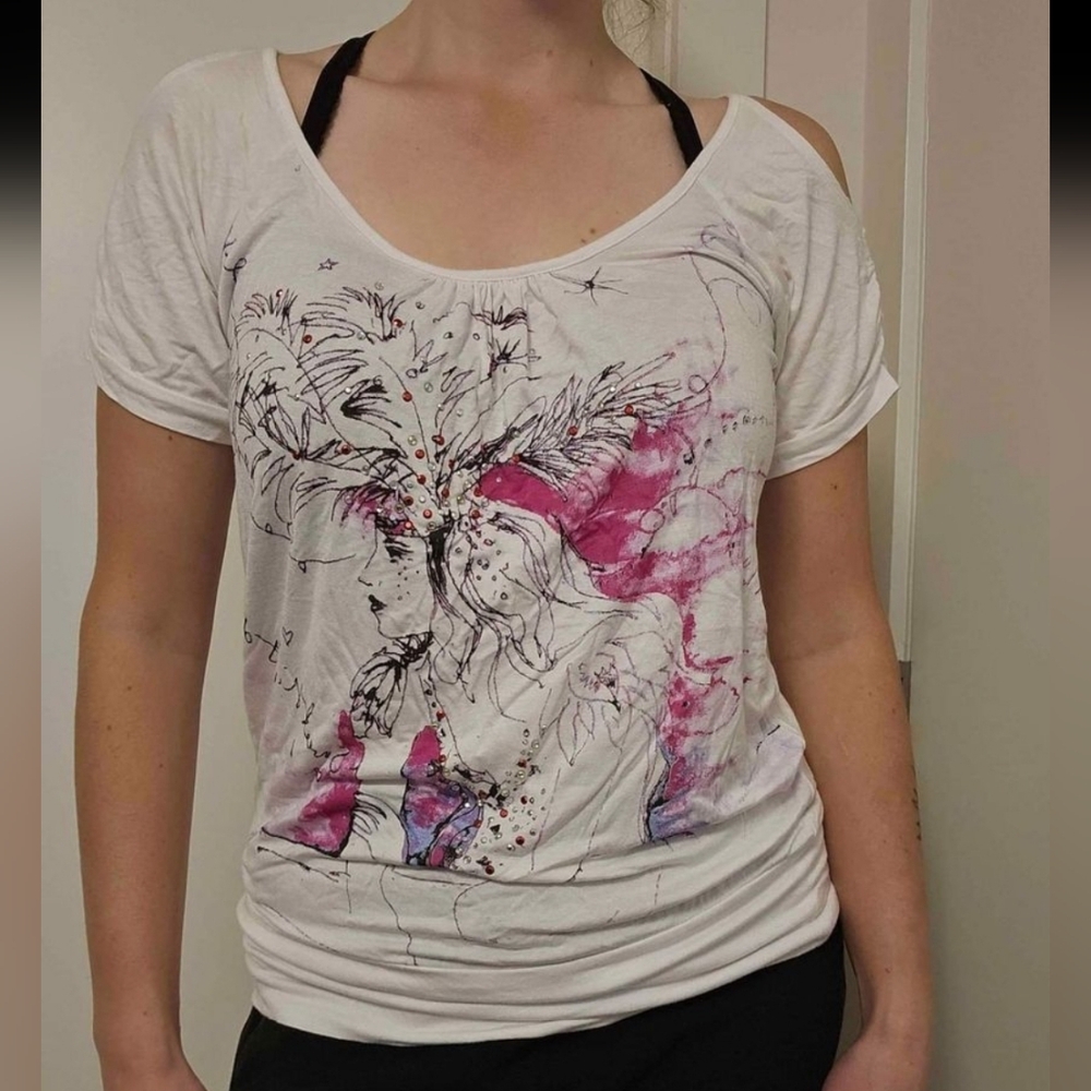Warehouse One Women's Cold Shoulder Graphic T-Shirt